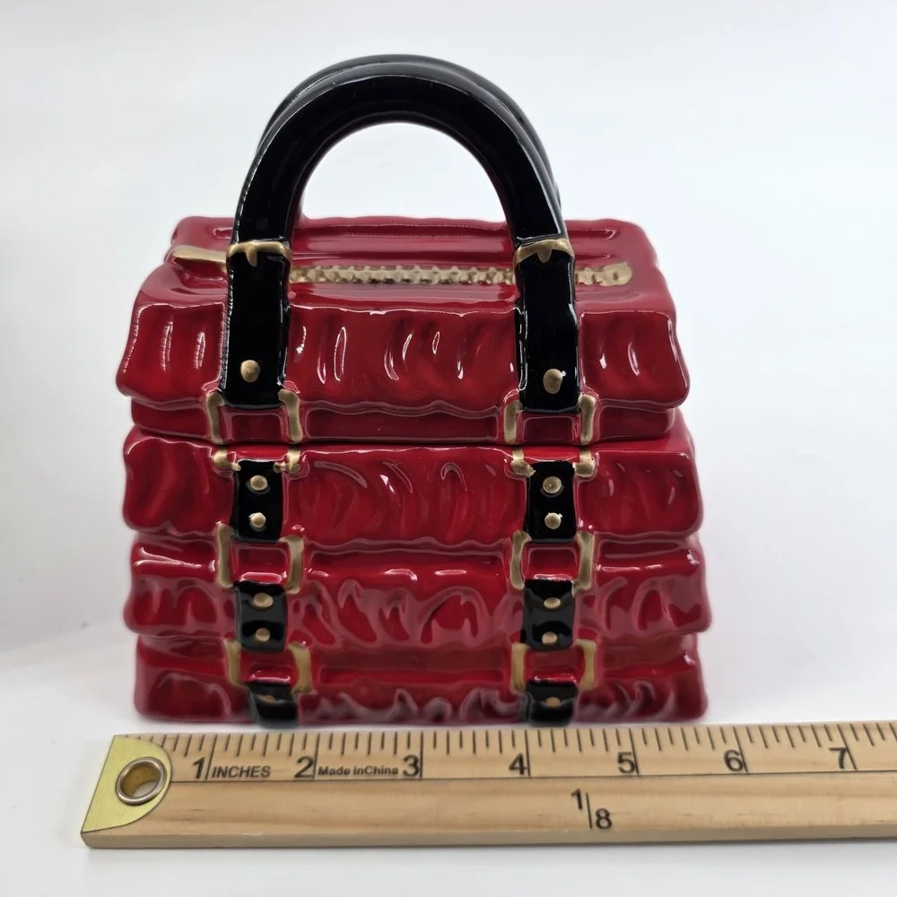 DAVID'S COOKIES JAR RED PLEATED HANDBAG BLACK HANDLE GOLD ACCENTS Ceramic New